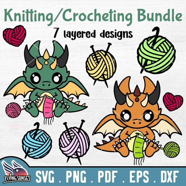 Dragon Knitting SVG, Dragon Crocheting Clipart, Crochet Yarn Cut File, Knitting Needle Silhouette Cricut, Digital Sticker Download pdf DXF