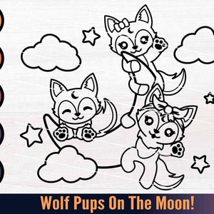 Wolf Trio On The Moon SVG Outline, Cute Wolf Clipart, Animal Vinyl Sticker, Moon And Stars Decal, Three Children Board, Cricut Cut File DXF