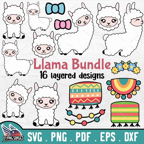 Cute Llama SVG, Baby Llama PNG Clipart, Cut Files for Cricut, Customizable Alpaca Sticker, Kawaii Guanaco Set, Floral Llama Boy Girl pdf DXF