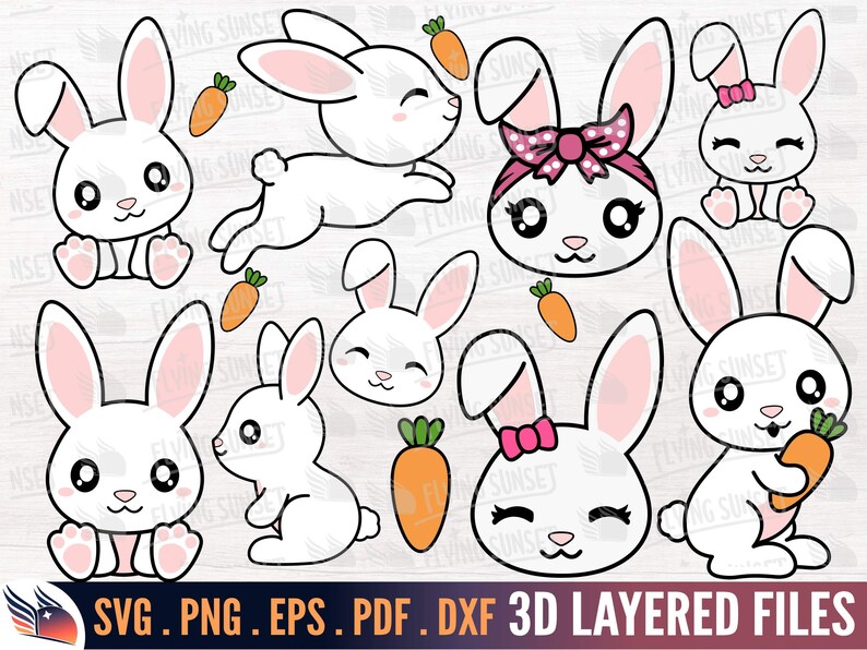Cute Bunny Rabbit SVG PNG, Kawaii Rabbit Clipart Bundle, Hare Cut File ...