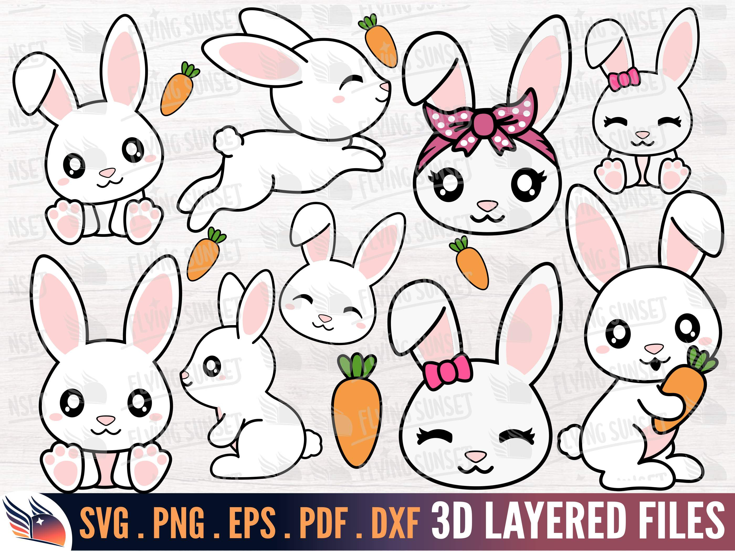 Cute Bunny Rabbit SVG PNG, Kawaii Rabbit Clipart Bundle, Hare Cut File ...
