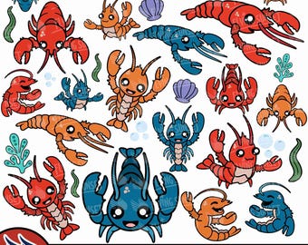 Cute Lobster SVG, Lobster Clipart Bundle, Happy Lobster Illustration, Cartoon Lobster Sublimation PNG, Layered Cut File