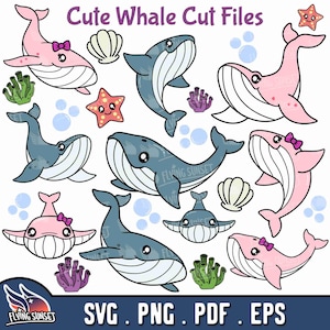 Schattige walvis SVG-bundel, blauwe vinvis jongen en meisje, gelaagde roze walvis gesneden bestand, oceaan dier clipart png, digitale download eps pdf