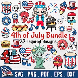 Pacote SVG de 4 de julho, pacote de clipart fofo dos EUA, ilustração PNG da camisa do dia 4 de julho, tio Kawaii mesma estátua da liberdade, América fofa dxf
