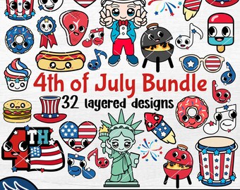 4th of July SVG Bundle, Cute USA Clipart Bundle, Forth of July Shirt PNG Illustration, Kawaii Uncle Same Statue of Liberty, Cute America dxf
