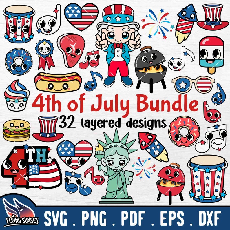 Puede incluir: Un conjunto de 32 dise&ntilde;os en capas para el 4 de julio, con personajes de dibujos animados lindos y s&iacute;mbolos patri&oacute;ticos en rojo, blanco y azul. Los dise&ntilde;os incluyen una bandera, fuegos artificiales, un hot dog, una parrilla, una estrella, una campana de la libertad, un sombrero, una dona, una nota musical y m&aacute;s.