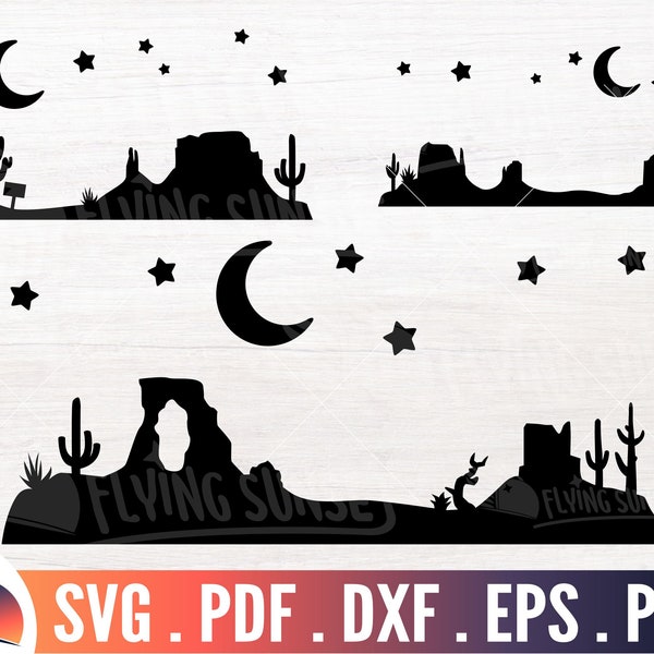 Desert night SVG, desert landscape SVG, Cactus svg, desert silhouette DXF, southwest cut file, desert scene art print, western background