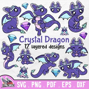 Imágenes prediseñadas de dragón de cristal, lindo archivo de corte de dragón SVG, gema de amatista PNG, piedra de zafiro cricut, criatura mítica Kawaii, descarga vectorial pdf DXF