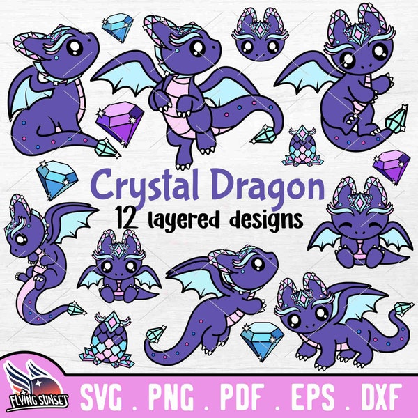 Crystal Dragon Clipart, Cute Dragon Cut File SVG, Amethyst Gem PNG, Cricut Sapphire Stone, Kawaii Mythical Creature, Vector Download pdf DXF