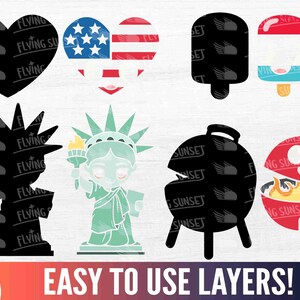 Puede incluir: Un conjunto de archivos de corte digital que presentan una variedad de dise&ntilde;os patri&oacute;ticos, que incluyen un coraz&oacute;n con las palabras "Flying Sunset", una bandera de estrellas y rayas, una paleta, una parrilla y una Estatua de la Libertad. Los dise&ntilde;os son en negro, rojo, blanco y azul.