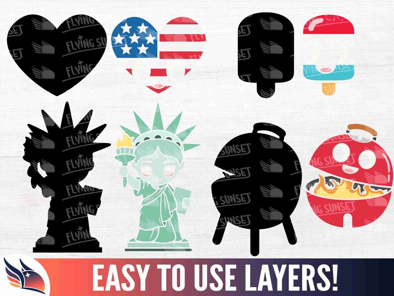 Puede incluir: Un conjunto de archivos de corte digital que presentan una variedad de dise&ntilde;os patri&oacute;ticos, que incluyen un coraz&oacute;n con las palabras "Flying Sunset", una bandera de estrellas y rayas, una paleta, una parrilla y una Estatua de la Libertad. Los dise&ntilde;os son en negro, rojo, blanco y azul.