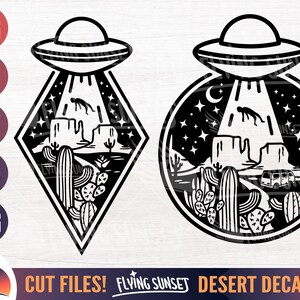 Alien Abduction SVG, Desert UFO svg, Desert Night Landscape, Outer Space Clipart, Spaceship cut file for Cricut, Camper Van svg, Desert PNG