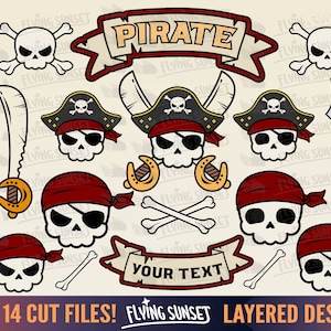 Crânio de pirata fofo SVG PNG, arquivo de corte de pirata infantil, clipart de caveira e ossos cruzados, adesivo de espada de cutelo, banner de camisa de aniversário decalque de vinil DXF