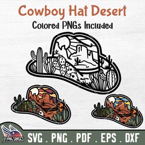 Cowboy Hat Desert Landscape SVG, Sublimation PNG, Cricut Cut File, Sunrise Sunset Scene, Southwest Western Sticker, Téléchargement instantané pdf DXF