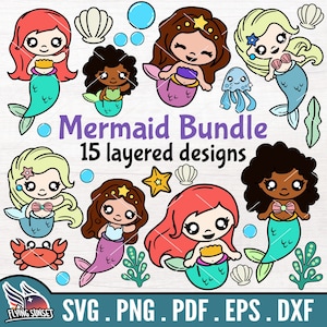 Mermaid SVG PNG Bundle, Mermaid Cut File Cricut, Siren Tail, Sea Shell Starfish Clipart, Jellyfish Coral, Vinyl Underwater Scene pdf DXF