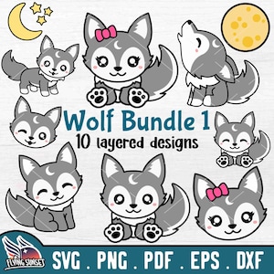 Bebé lobo SVG PNG, lindo archivo de corte de lobo, imágenes prediseñadas de animales del bosque, cachorro aullador de luna llena, paquete de bosque Kawaii, silueta de descarga instantánea DXF