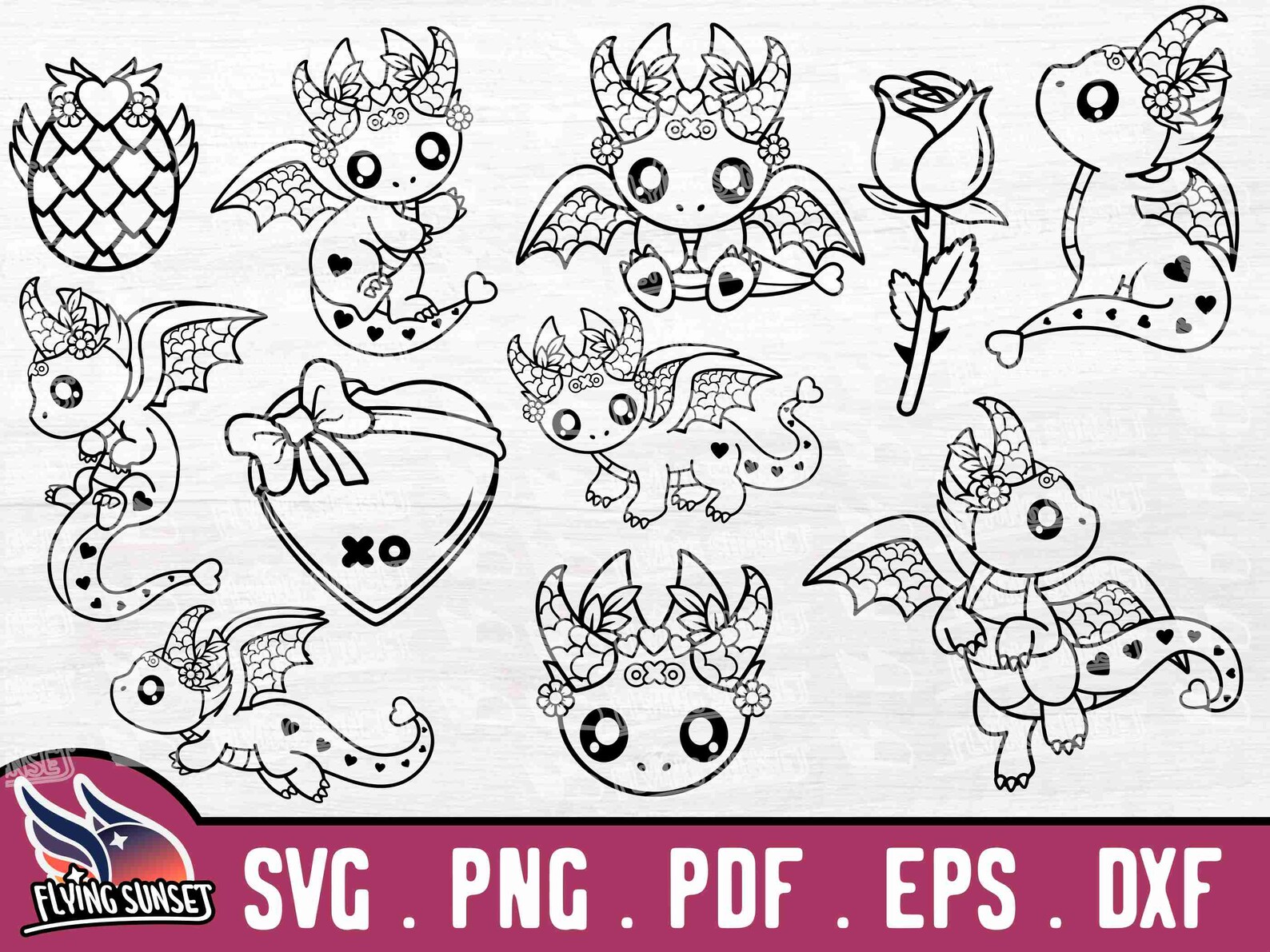Valentines Dragon Outline SVG, Love Dragon Clip Art, Heart Dragon ...
