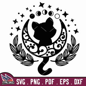 Mystical Cat and Moon SVG | Witchy Cat Clipart | Moon and Cat Cut Files for Cricut PNG | Moon Phases