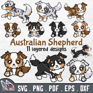 Australian Shepherd SVG, Aussie Dog Cut File Cricut, Puppy Clipart Bundle, Red Blue Merle PNG, Dog Mom Sticker, Tri Color eps DXF