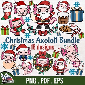 Boże Narodzenie Aksolotl Clipart, Kawaii Aksolotl PNG, Uroczy Płatek Śniegu EPS, Zaplątany w Światła Sublimacja, Zabawny Święty Mikołaj PDF, Uroczy Wesołych Świąt