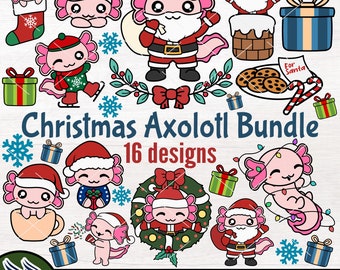May include: A set of 16 digital illustrations featuring cute axolotls in various Christmas-themed poses. The axolotls are wearing Santa hats, holding candy canes, and surrounded by festive elements like snowflakes, wreaths, and presents. The text "Christmas Axolotl Bundle 16 designs" is included in the image.