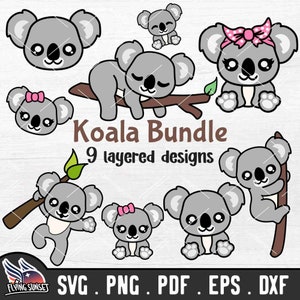 Koala SVG Clipart Bundle, Cute Koala Cut Files, Kawaii Aussie Animal PNG, Baby Koala Vector, Jungle Outback Set, Australian Safari pdf DXF