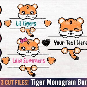 Cute Tiger SVG PNG Split Monogram, Tiger Clipart Bundle, Big Cat Name Tag, Safari Jungle Onesie, Cricut Vinyl Cut File Silhouette pdf DXF