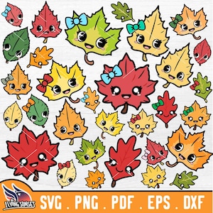 Fall Leaves SVG, Cute Autumn Leaf Bundle, Layered Maple Leaf Clip Art, Fall Color Cut Files Cricut, Kawaii Face PNG DXF