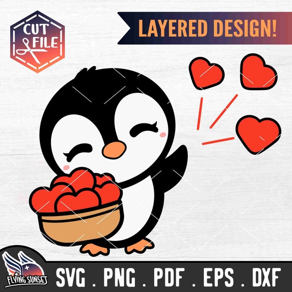 Cute Penguin SVG Clipart, Baby Penguin Cut File, Kawaii Cricut Design, Throwing Love and Hearts Basket, Instant Download Sticker pdf eps DXF