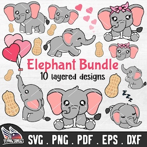Arquivos de corte de elefante fofo, bebê elefante SVG, clipart de animais da selva Kawaii, arquivo de corte cricut, silhueta, safari, balões de coração, recorte de vinil