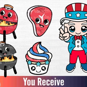 Puede incluir: Un conjunto de cinco im&aacute;genes de clipart digitales con un esquema de color rojo, blanco y azul. Las im&aacute;genes incluyen una parrilla, un filete, una magdalena y el T&iacute;o Sam. Las im&aacute;genes est&aacute;n en un estilo de dibujos animados con caras lindas.