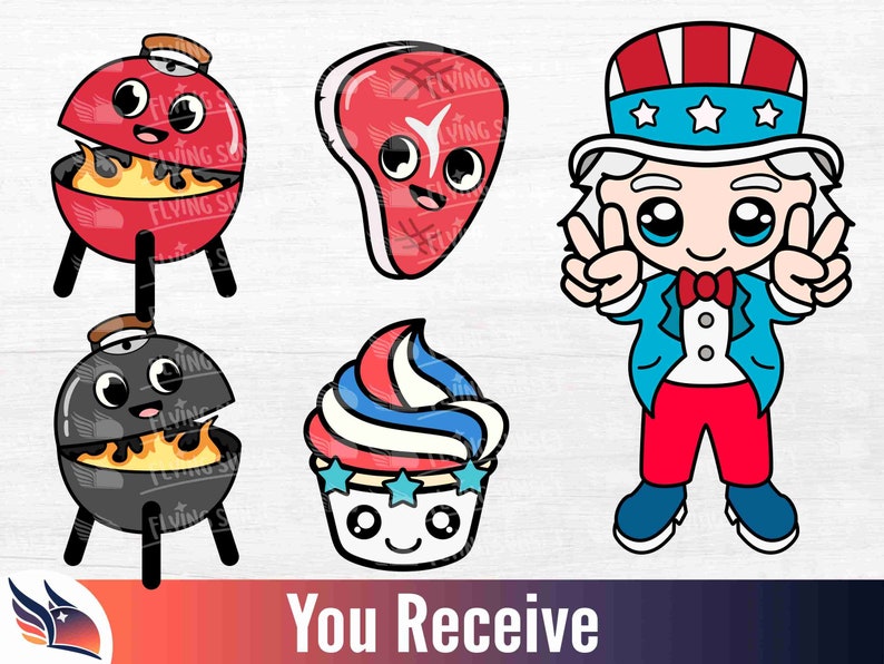 Puede incluir: Un conjunto de cinco im&aacute;genes de clipart digitales con un esquema de color rojo, blanco y azul. Las im&aacute;genes incluyen una parrilla, un filete, una magdalena y el T&iacute;o Sam. Las im&aacute;genes est&aacute;n en un estilo de dibujos animados con caras lindas.