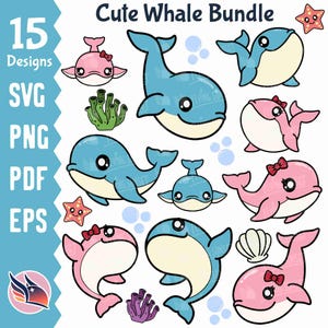 Cute Whale SVG Bundle, Kawaii Whale Boy and Girl, Layered Whale Cut File, Ocean Animal Clipart PNG, Digital Download eps pdf