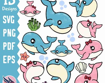 Cute Whale SVG Bundle, Kawaii Whale Boy and Girl, Layered Whale Cut File, Ocean Animal Clipart PNG, Digital Download eps pdf