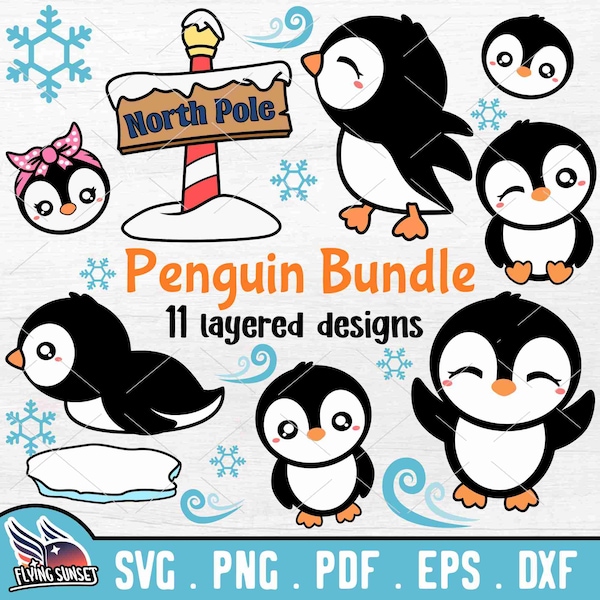 Süßer Pinguin SVG, Baby Pinguin Clipart, Winter Tier Onesie, Kawaii Pinguin Aufkleber, Schneeschnittdatei für Cricut DXF EPS, Antarktis Bundle