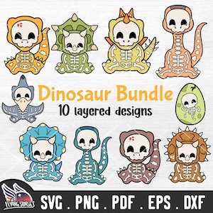 Dinosaur skelet SVG bundel, T-rex X-ray Triceratops Stegosaurus Brontosaurus bot, gelaagde gesneden bestand Cricut PNG, silhouet Dino Egg DXF
