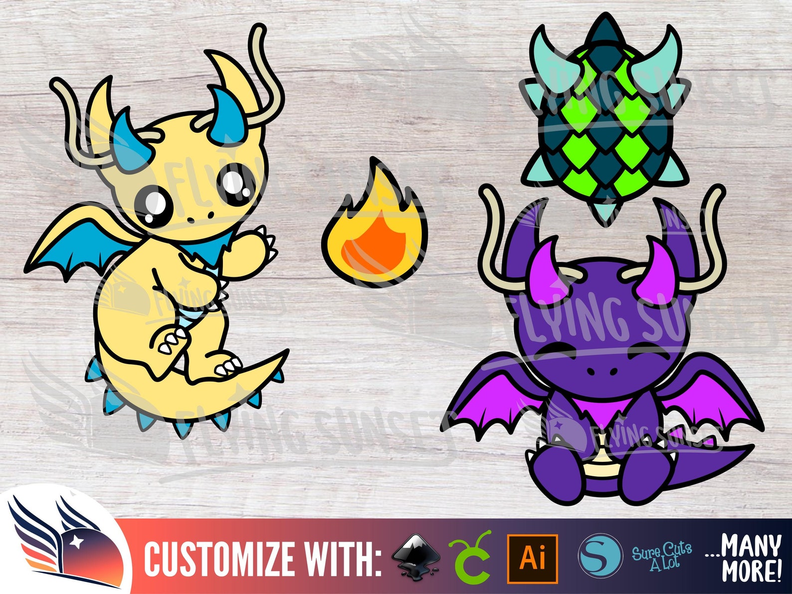 Cute Fire Dragon SVG, Baby Dragon Clipart PNG, Kawaii Dragon Bundle ...