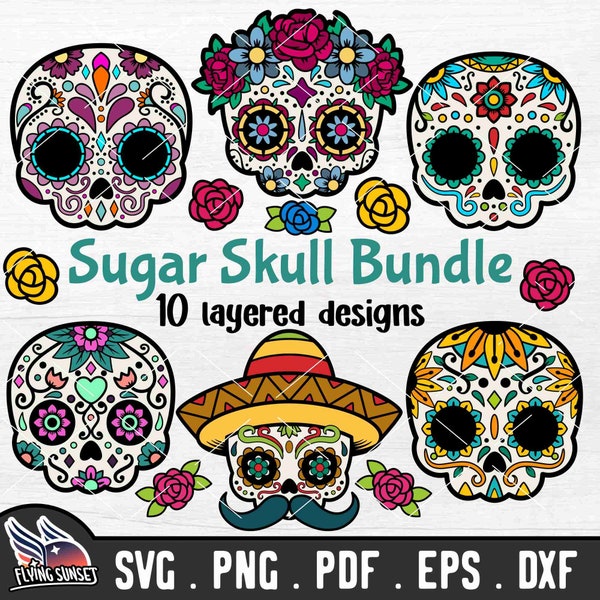 Cute Sugar Skull SVG Bundle, Layered Calavera Clipart for Cricut, Instant Download Cut File PNG, Day Of The Dead Iron on Sublimation pdf DXF