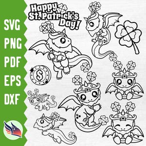 May include: Black and white line art illustration of a set of cute dragons with shamrocks and the text "Happy St. Patrick's Day!"