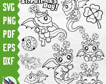 St. Patrick's Day Dragon Outline SVG, Cute Clover Dragon PNG, Good Luck Gold Coin Clipart, St Patty Dabloon eps pdf DXF