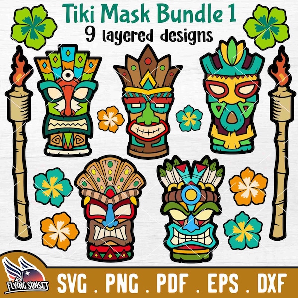Tiki Mask SVG Bundle, Totem Pole Face Layered, Hawaiian Idol Clipart PNG, Summer Luau Party, Cricut Hula Cut File, Tropical Beach Craft DXF