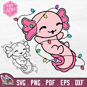 Boże Narodzenie Axolotl SVG, Splątane świąteczne światła PNG, Kawaii Cricut Cut File, Słodka świąteczna koszulka Axolotl, Kontur naklejki Pobierz pdf DXF