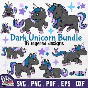 Dark Unicorn SVG Bundle, Kawaii Unicorn Clipart, Layered Cut File, Cricut Silhouette, Rainbow Unicorn PNG, Birthday Girl Vinyl Card pdf DXF