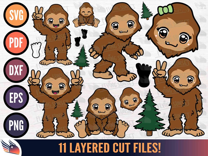 May include: Eleven layered cut files of a cartoon Bigfoot with different poses and expressions. The Bigfoot is brown with a white belly and has a cute face with big eyes. The files are perfect for crafting projects like vinyl decals, iron-on transfers, and scrapbooking.