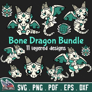 Bone Dragon SVG Bundle, Cute Dragon Clipart PNG, Skeleton Dragon Cricut Cut File Download, Kawaii Zombie Wyvern, Mythical Cardstock pdf DXF