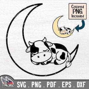 Vache qui dort sur la lune SVG, svg vache mignonne, clipart bébé vache, ferme couper fichier, vache contour PNG, vache pour Cricut Silhouette DXF, cache-couche animal