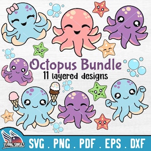 Niedliche Oktopus SVG, Baby Oktopus Clipart, Kawaii Oktopus Cut-Datei für Cricut, Ozean Tier Bundle, Seestern SVG, lustige Eistüte Png DXF