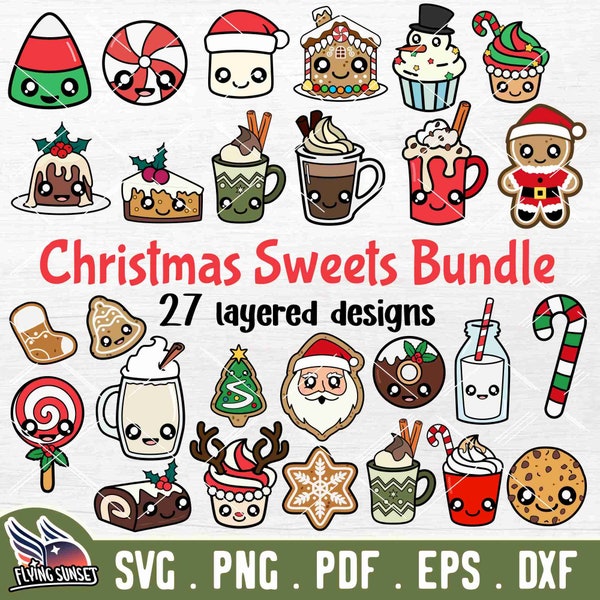 Christmas Sweets SVG Bundle, Holiday Food Clipart PNG, Kawaii Gingerbread Cookie, Chocolate Treat Yule Log Egg Nog, Candy Download pdf DXF