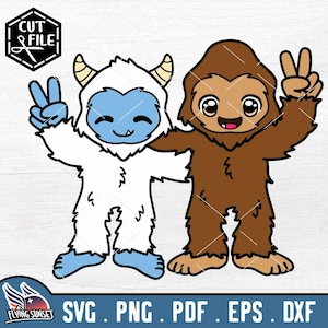 Bigfoot et Yeti SVG, Cryptid Friends PNG, Sasquatch Clipart, Signe de paix, Cricut Cut File, Abominable Snowman Buddy, Vinyl Decal pdf DXF