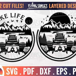 See Szene SVG, See Leben svg, Berg Landschaft, Wald geschnitten Datei, Wald Landschaft EPS, See Nacht DXF, Holz Dock Camping Emblem, Vibes png